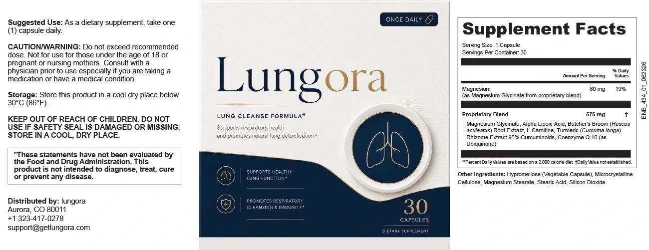 Lungora label: take one capsule daily; not for under 18 or pregnant or nursing; Supplement Facts with magnesium 80 mg and a 575 mg proprietary blend of six ingredients